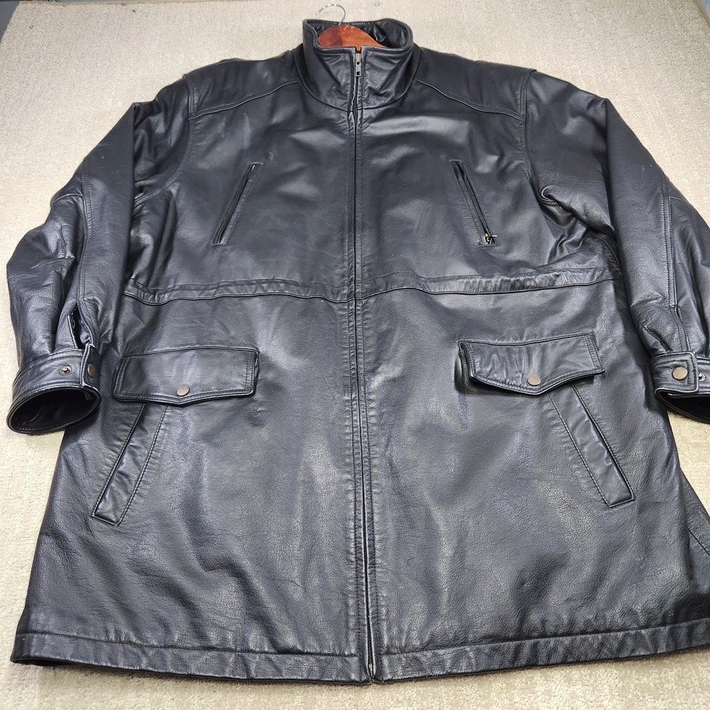 Orvis Leather Jacket Men XL Heavy Leather Field Coat Barn Jacket Parka Black